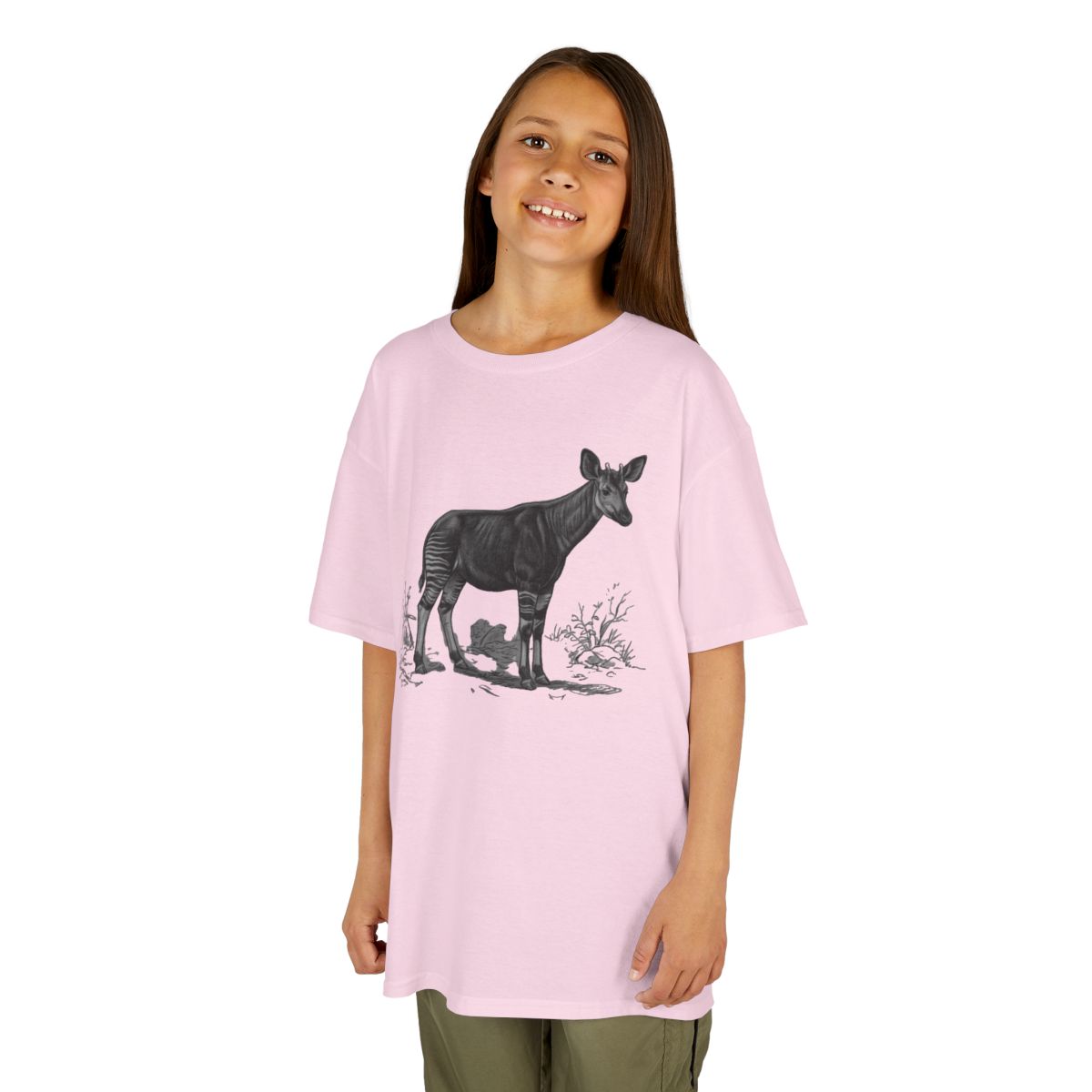 Color: Light Pink | Pencil Sketch Art Okapi Kids Tee