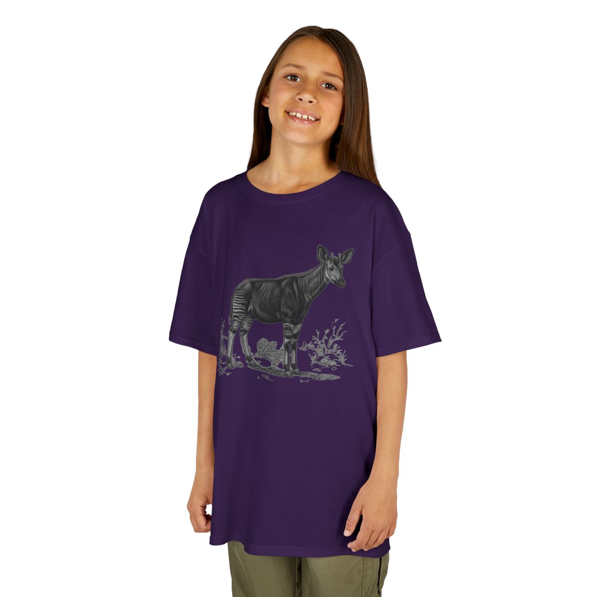 Color: Purple | Pencil Sketch Art Okapi Kids Tee