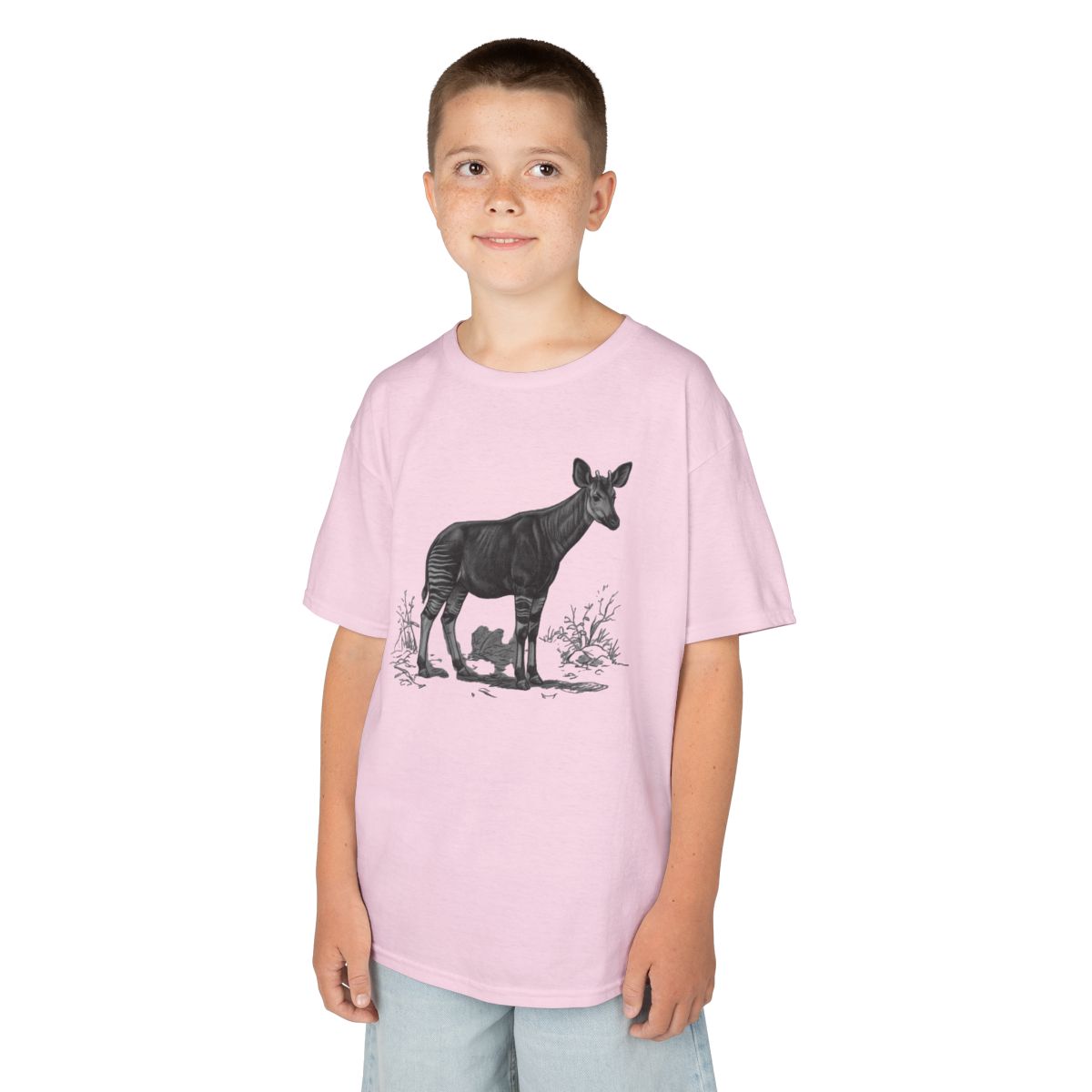 Color: Light Pink | Pencil Sketch Art Okapi Kids Tee