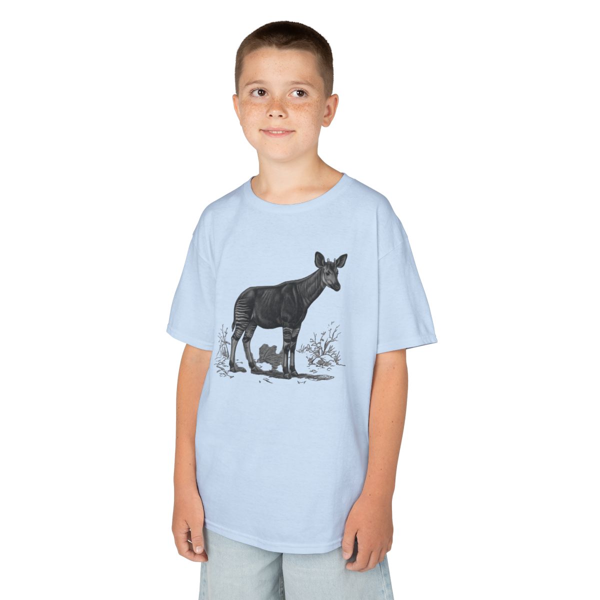 Color: Light Blue | Pencil Sketch Art Okapi Kids Tee