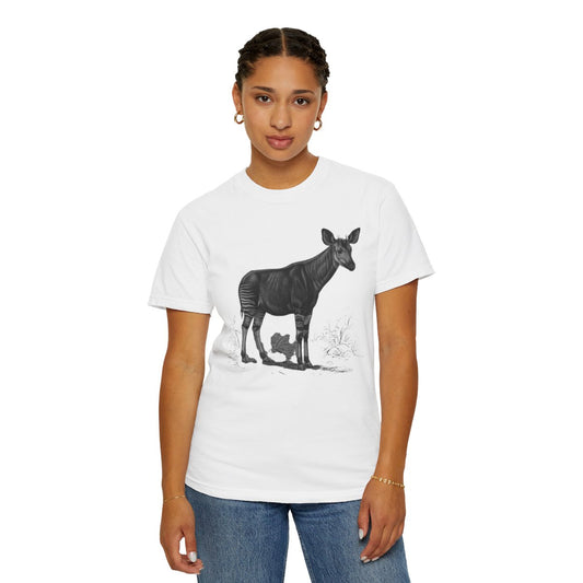 Color: White | Pencil Sketch Art Okapi Unisex Garment-Dyed Tee