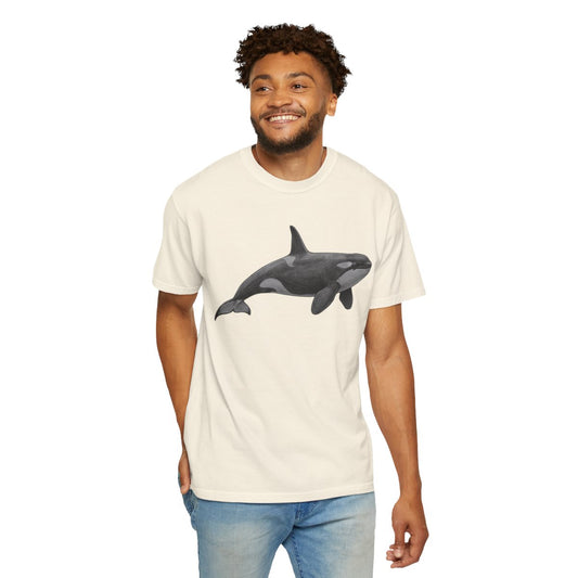 Color: Ivory | Pencil Sketch Art Orca Unisex Garment-Dyed Tee