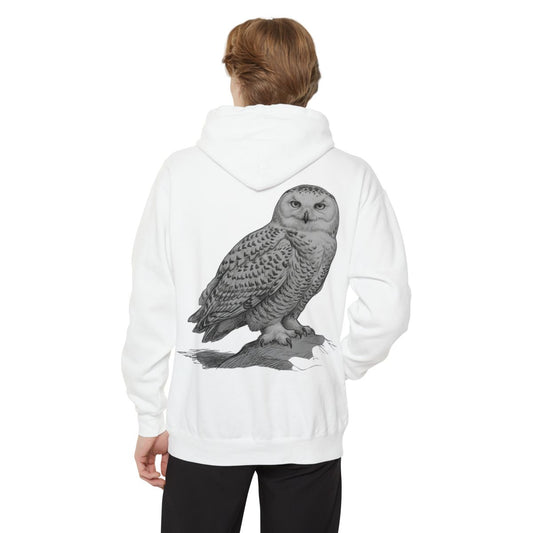 Color: White | Pencil Sketch Art Owl Garment-Dyed Hoodie