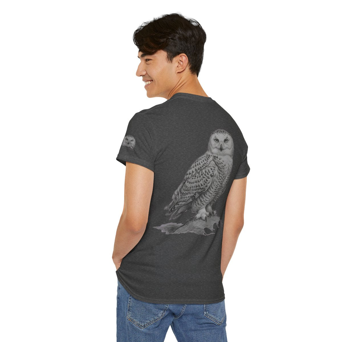 Color: Dark Heather | Pencil Sketch Art Owl Premium Graphic Tee