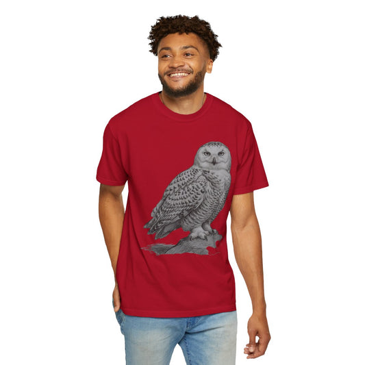 Color: Red | Pencil Sketch Art Owl Unisex Garment-Dyed Tee