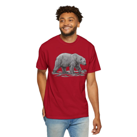 Color: Red | Pencil Sketch Art Polar Bear Unisex Garment-Dyed Tee
