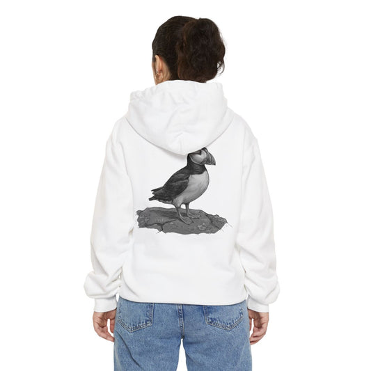 Color: White | Pencil Sketch Art Puffin Garment-Dyed Hoodie