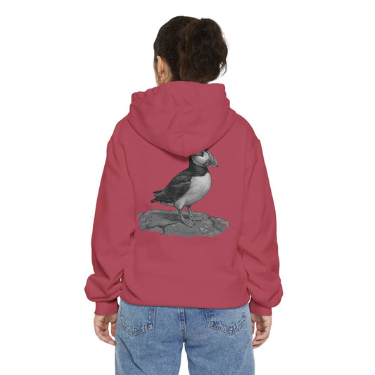 Color: Crimson | Pencil Sketch Art Puffin Garment-Dyed Hoodie