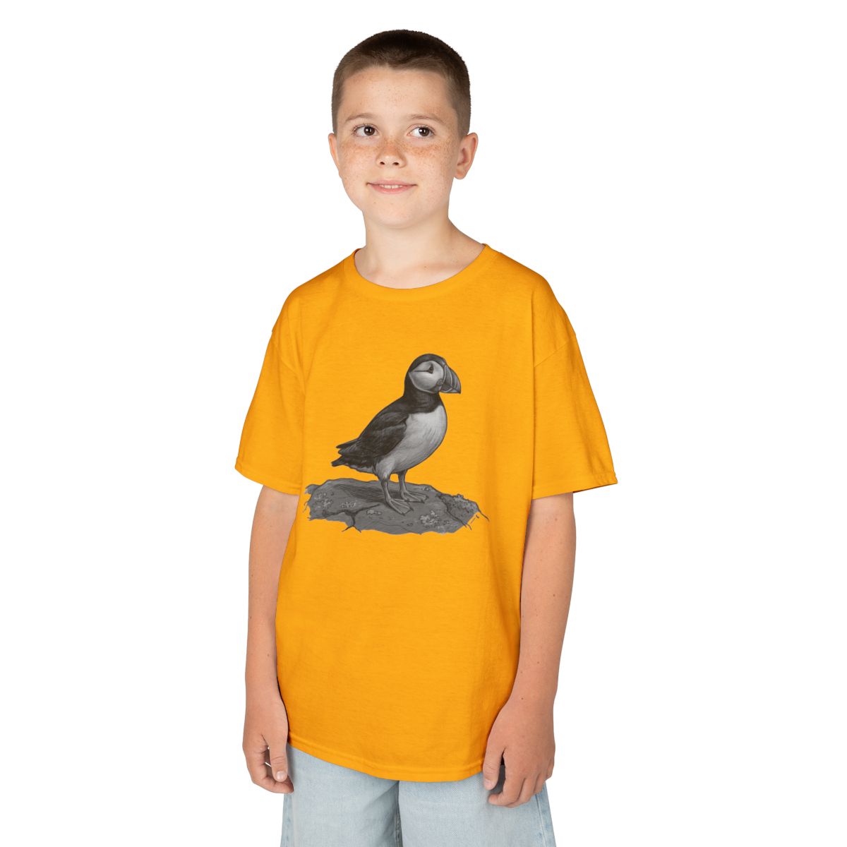 Color: Gold | Pencil Sketch Art Puffin Kids Tee