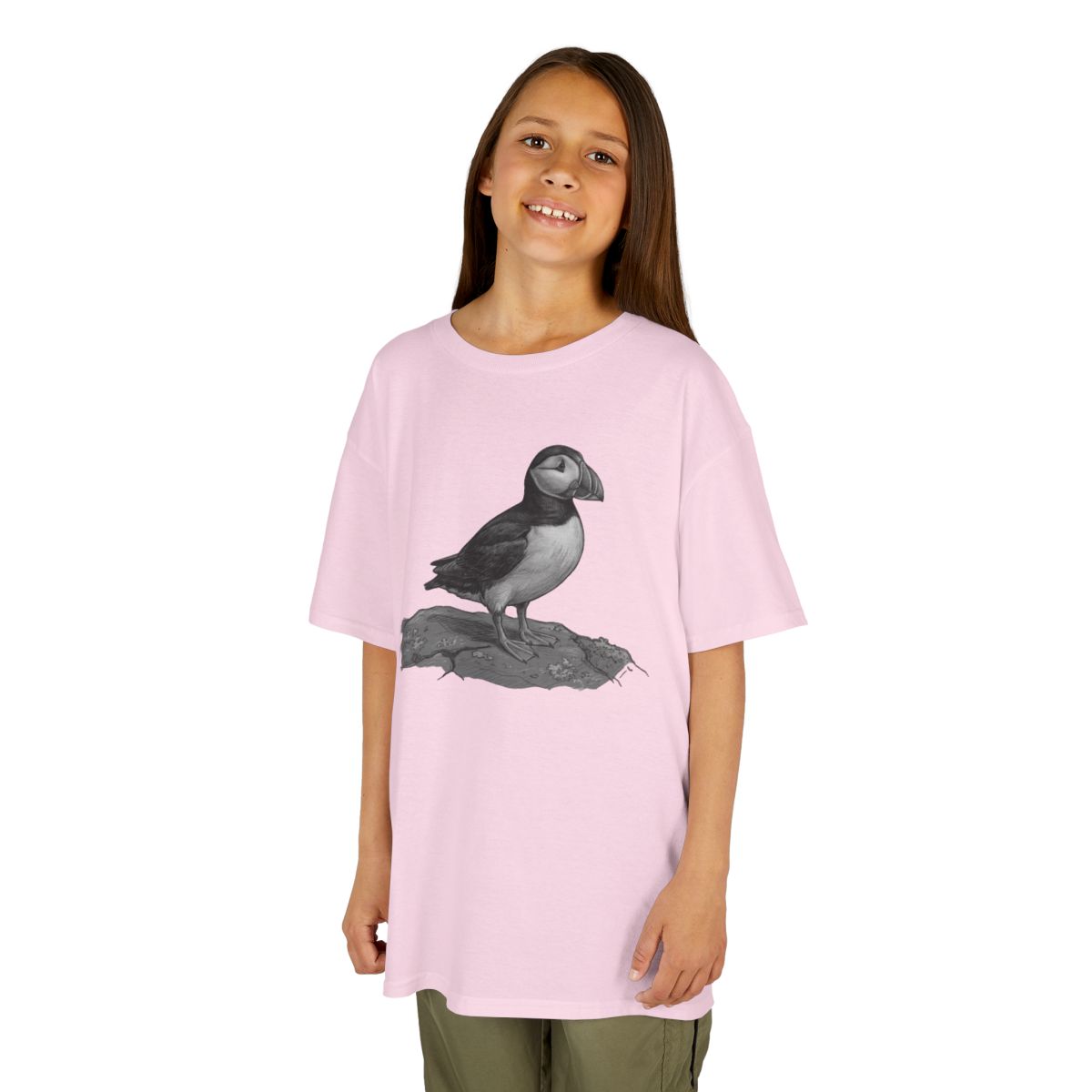 Color: Light Pink | Pencil Sketch Art Puffin Kids Tee