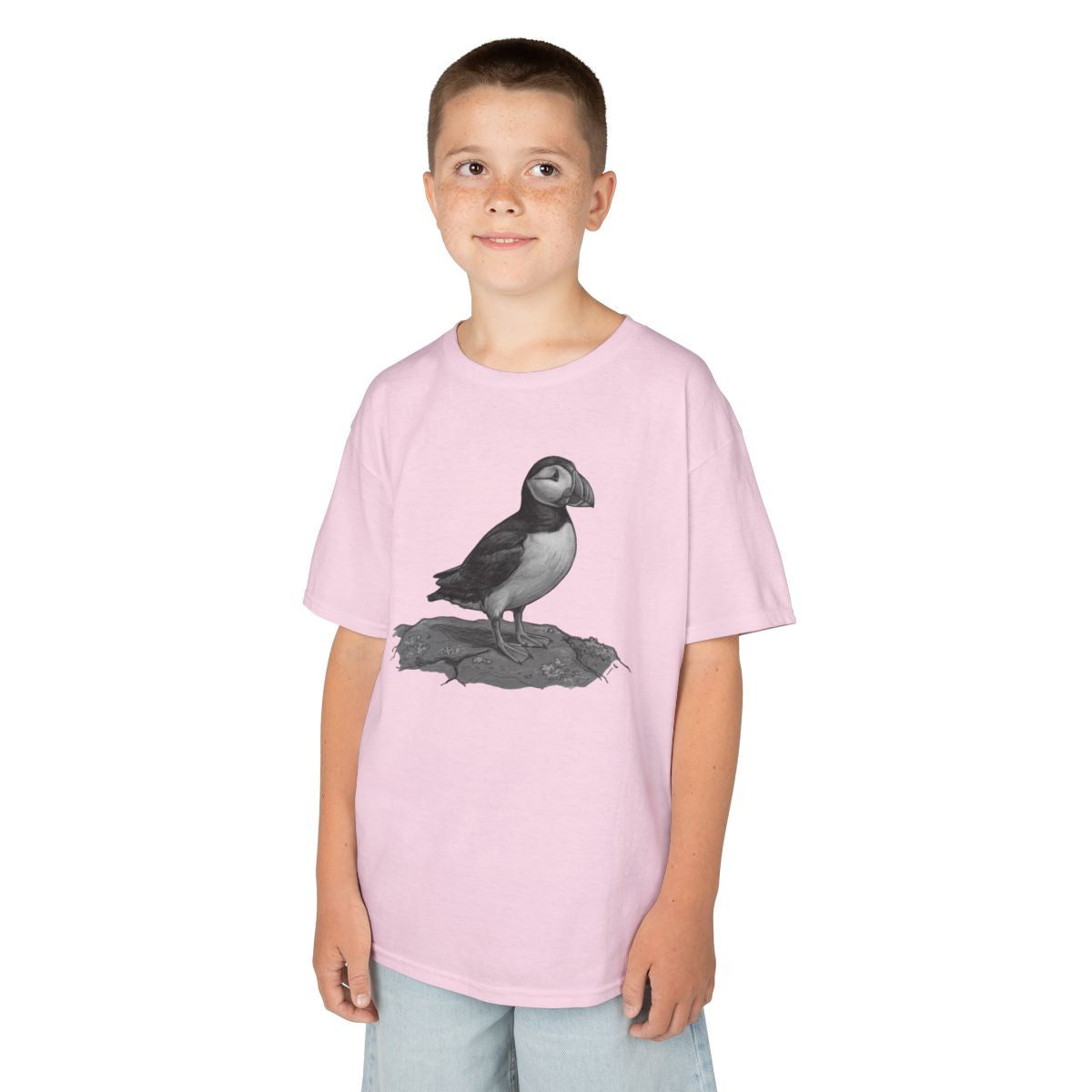 Color: Light Pink | Pencil Sketch Art Puffin Kids Tee