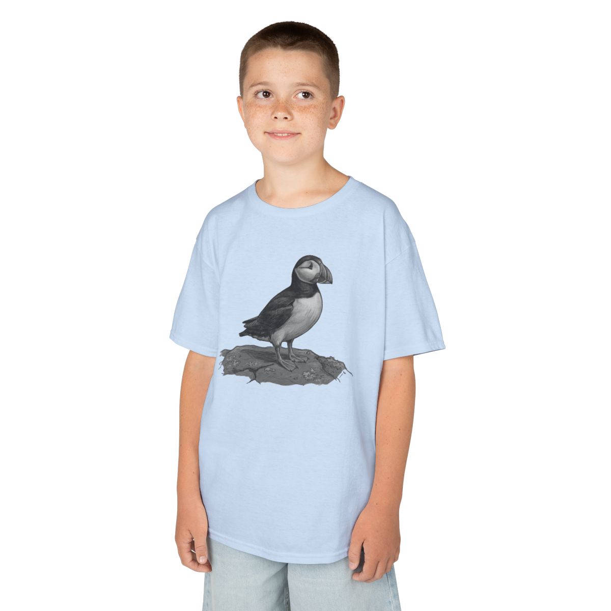 Color: Light Blue | Pencil Sketch Art Puffin Kids Tee