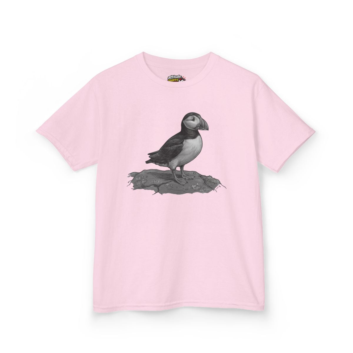 Color: Light Pink | Pencil Sketch Art Puffin Kids Tee