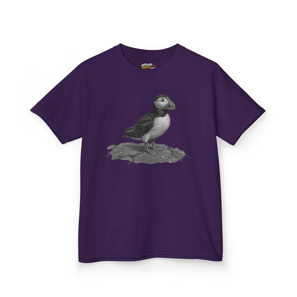 Color: Purple | Pencil Sketch Art Puffin Kids Tee
