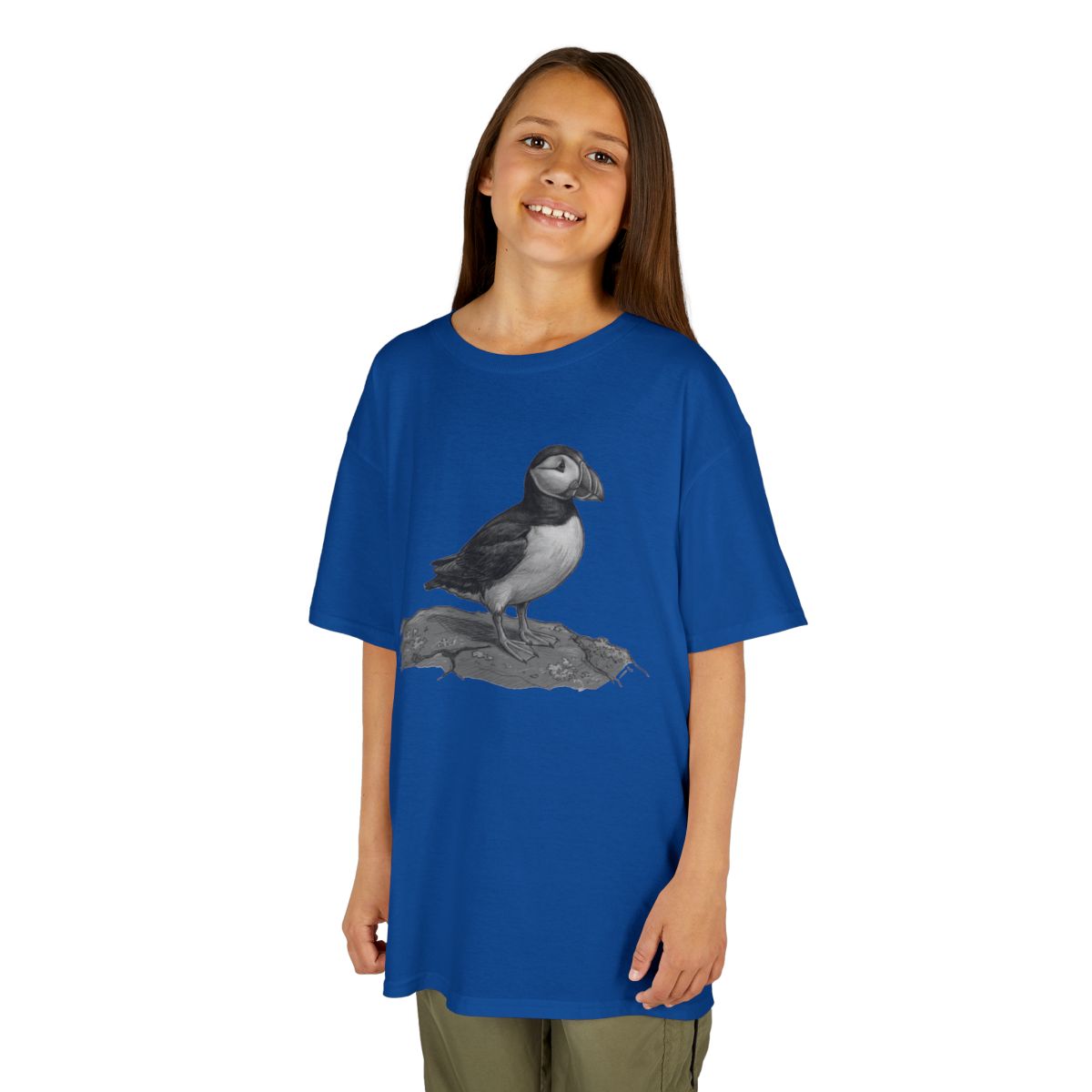 Color: Royal | Pencil Sketch Art Puffin Kids Tee