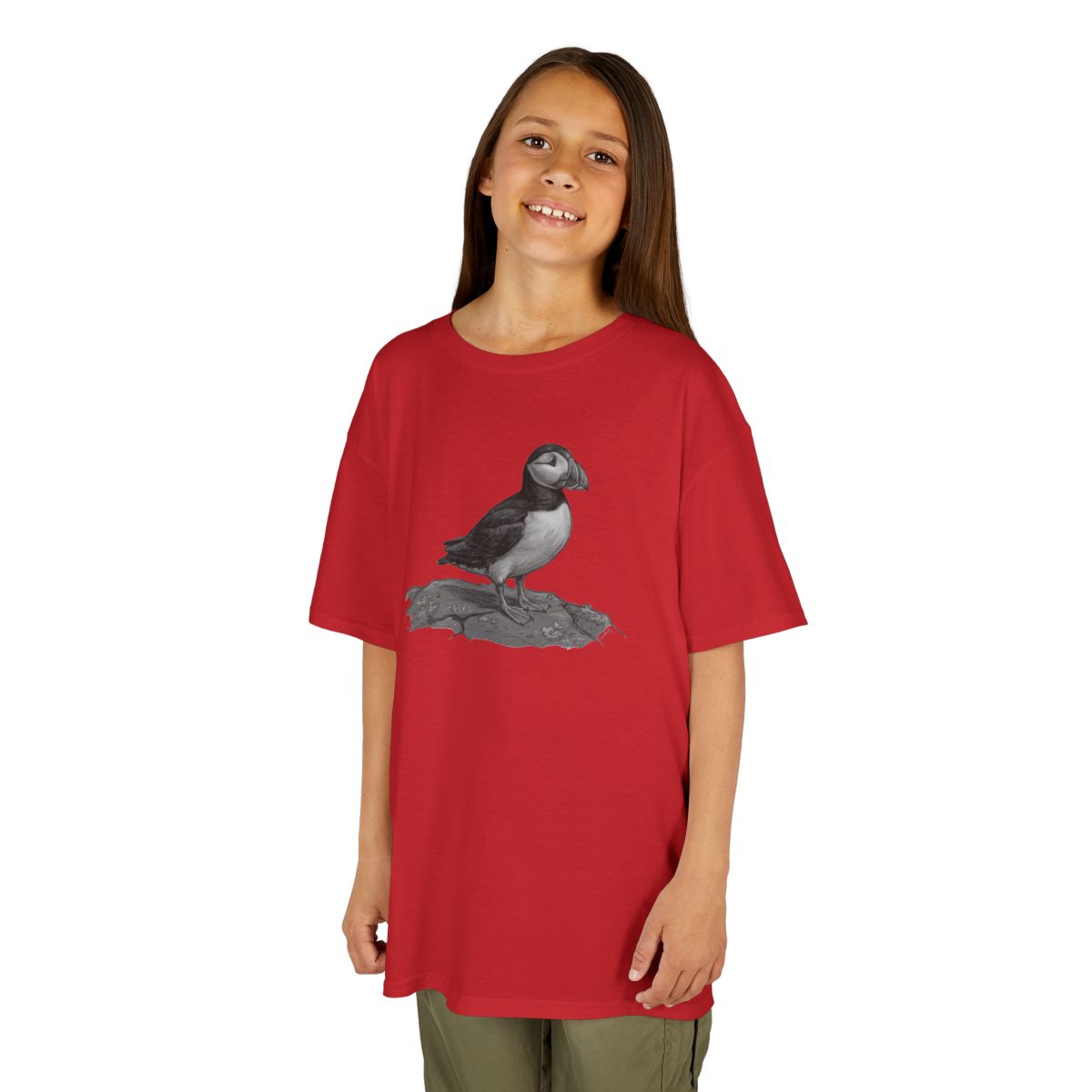 Color: Red | Pencil Sketch Art Puffin Kids Tee