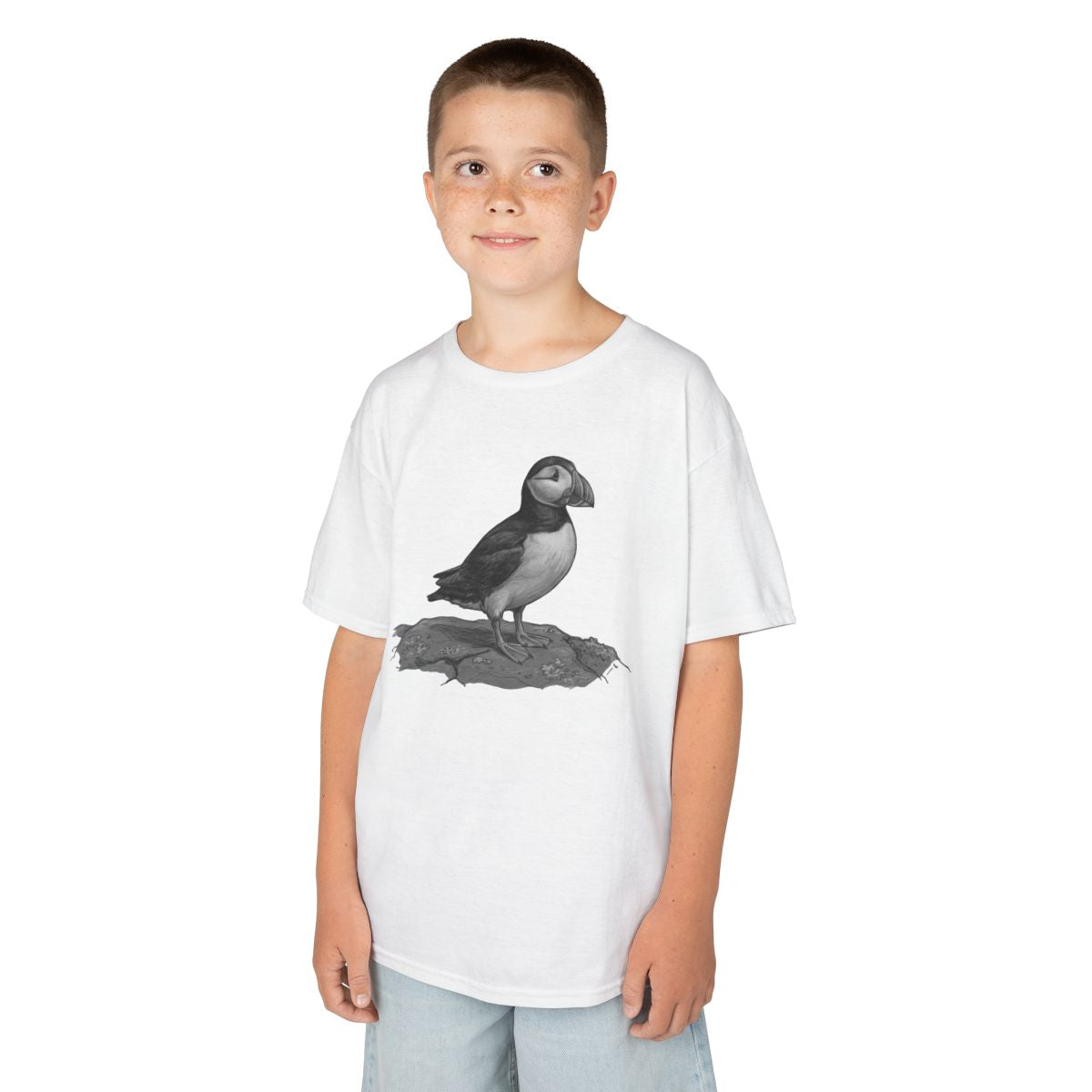 Color: White | Pencil Sketch Art Puffin Kids Tee
