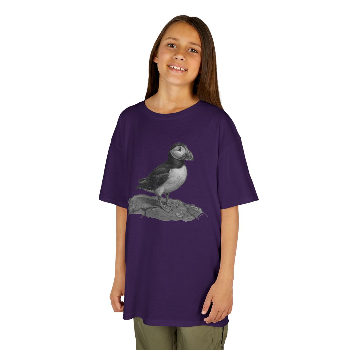 Color: Purple | Pencil Sketch Art Puffin Kids Tee