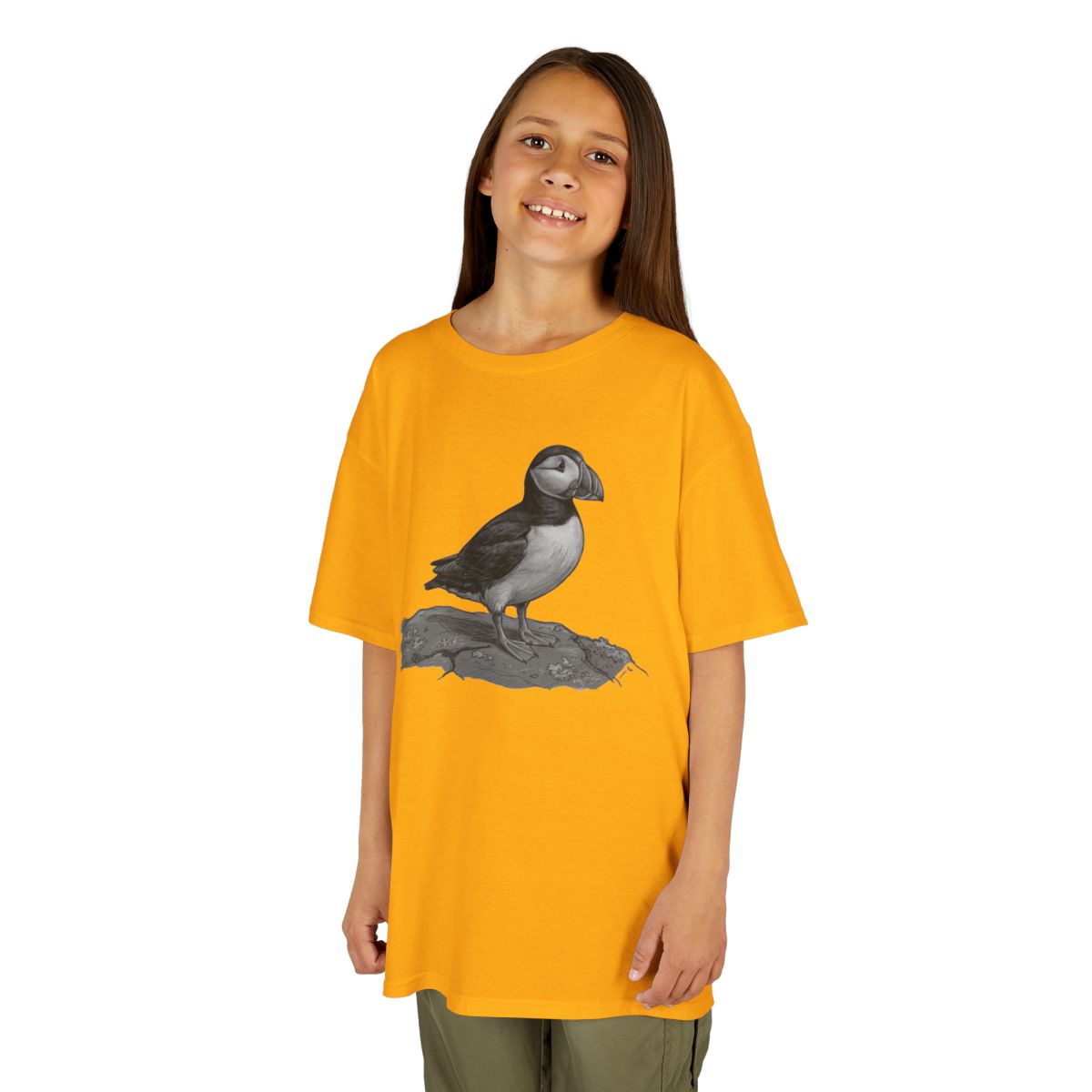 Color: Gold | Pencil Sketch Art Puffin Kids Tee