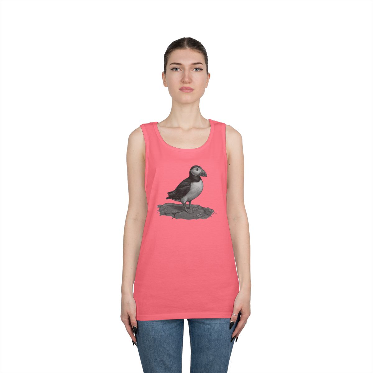 Color: Safety Pink | Pencil Sketch Art Puffin Tank Top