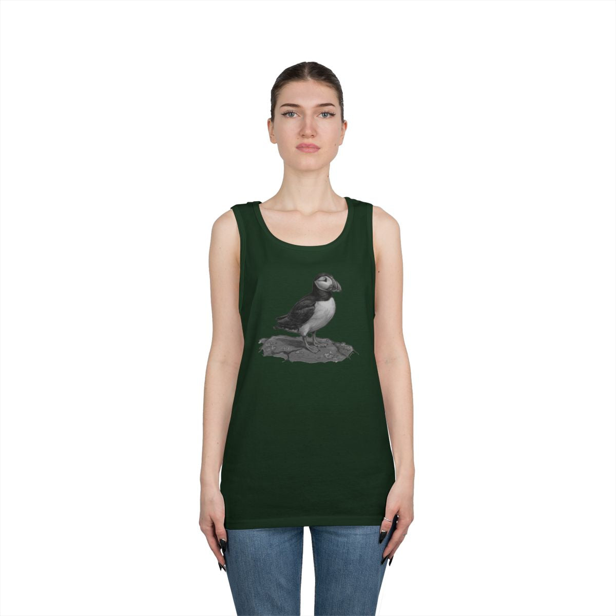 Color: Forest Green | Pencil Sketch Art Puffin Tank Top