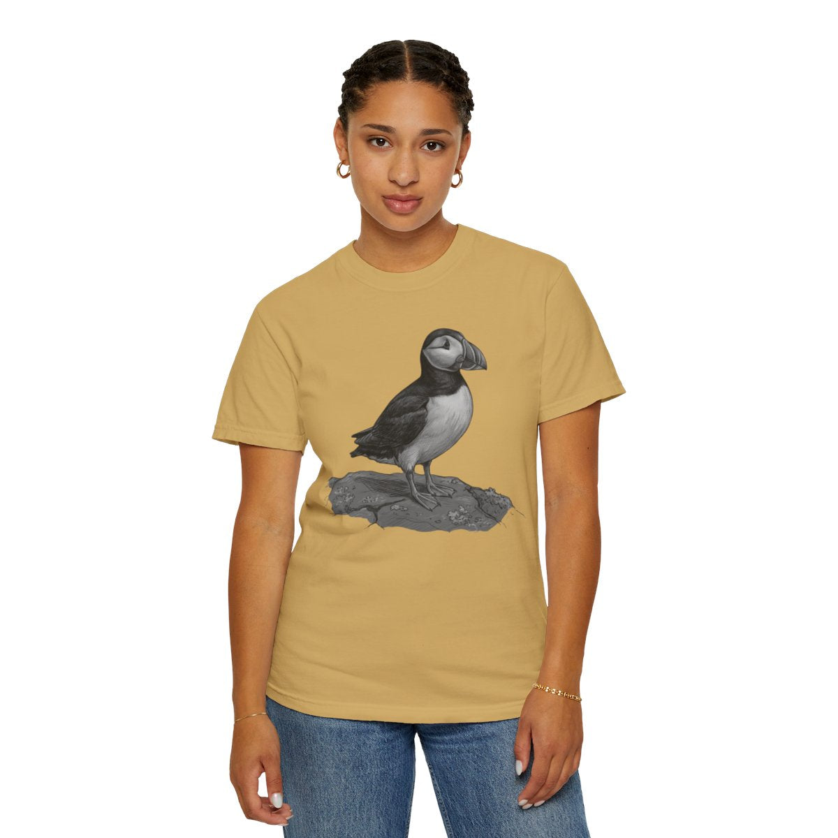 Color: Mustard | Pencil Sketch Art Puffin Unisex Garment-Dyed Tee