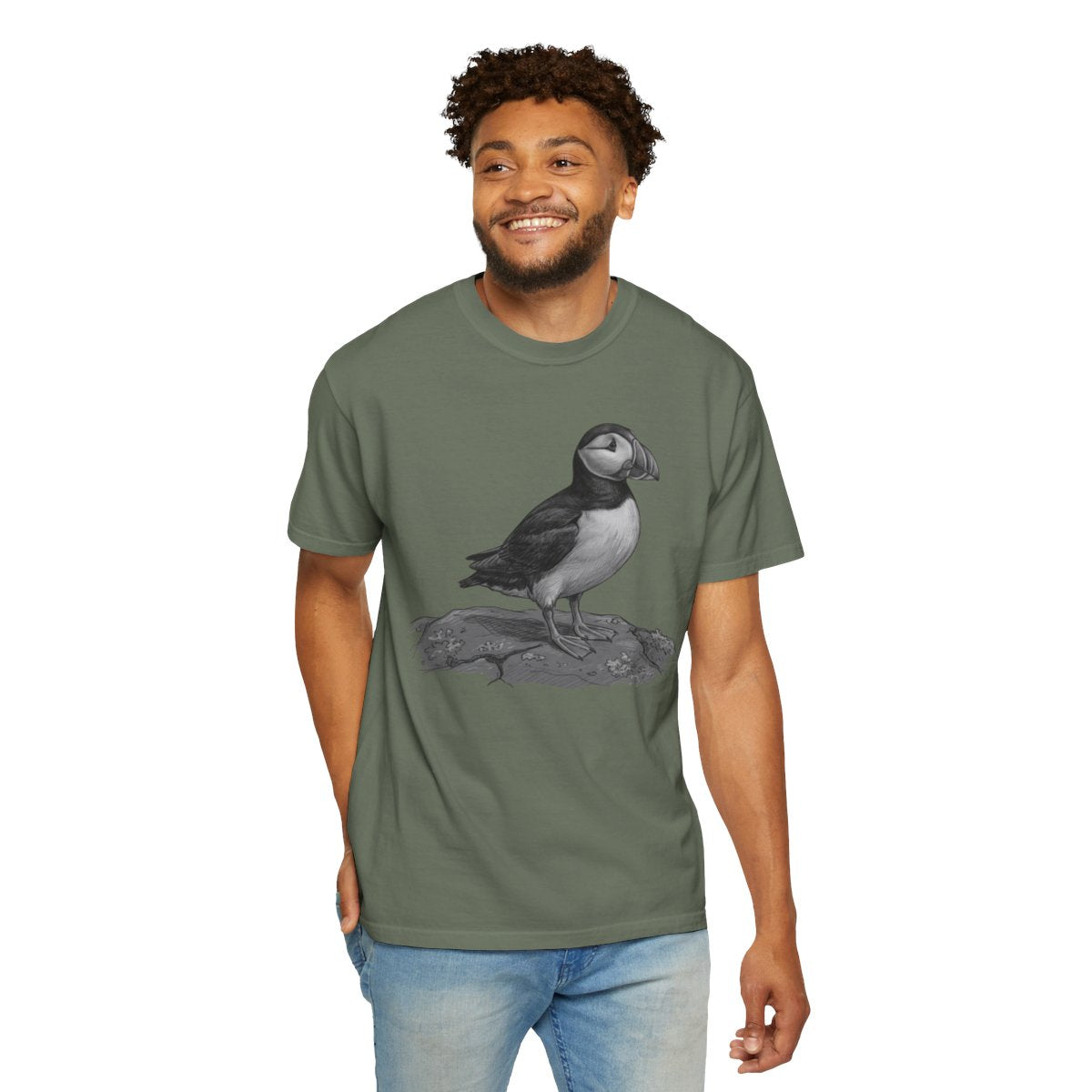Color: Moss | Pencil Sketch Art Puffin Unisex Garment-Dyed Tee