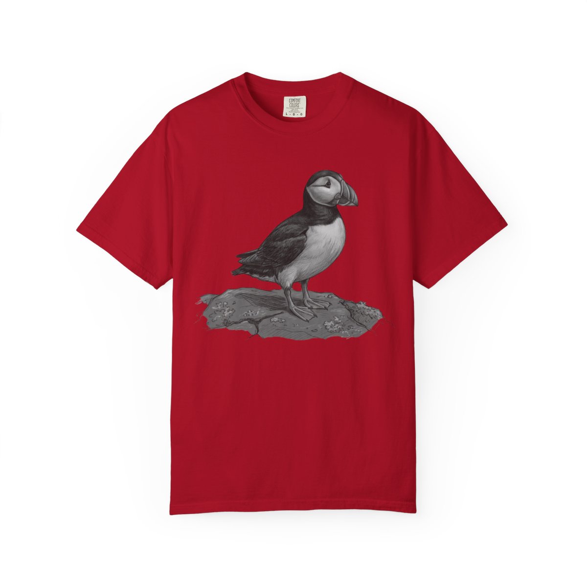 Color: Red | Pencil Sketch Art Puffin Unisex Garment-Dyed Tee