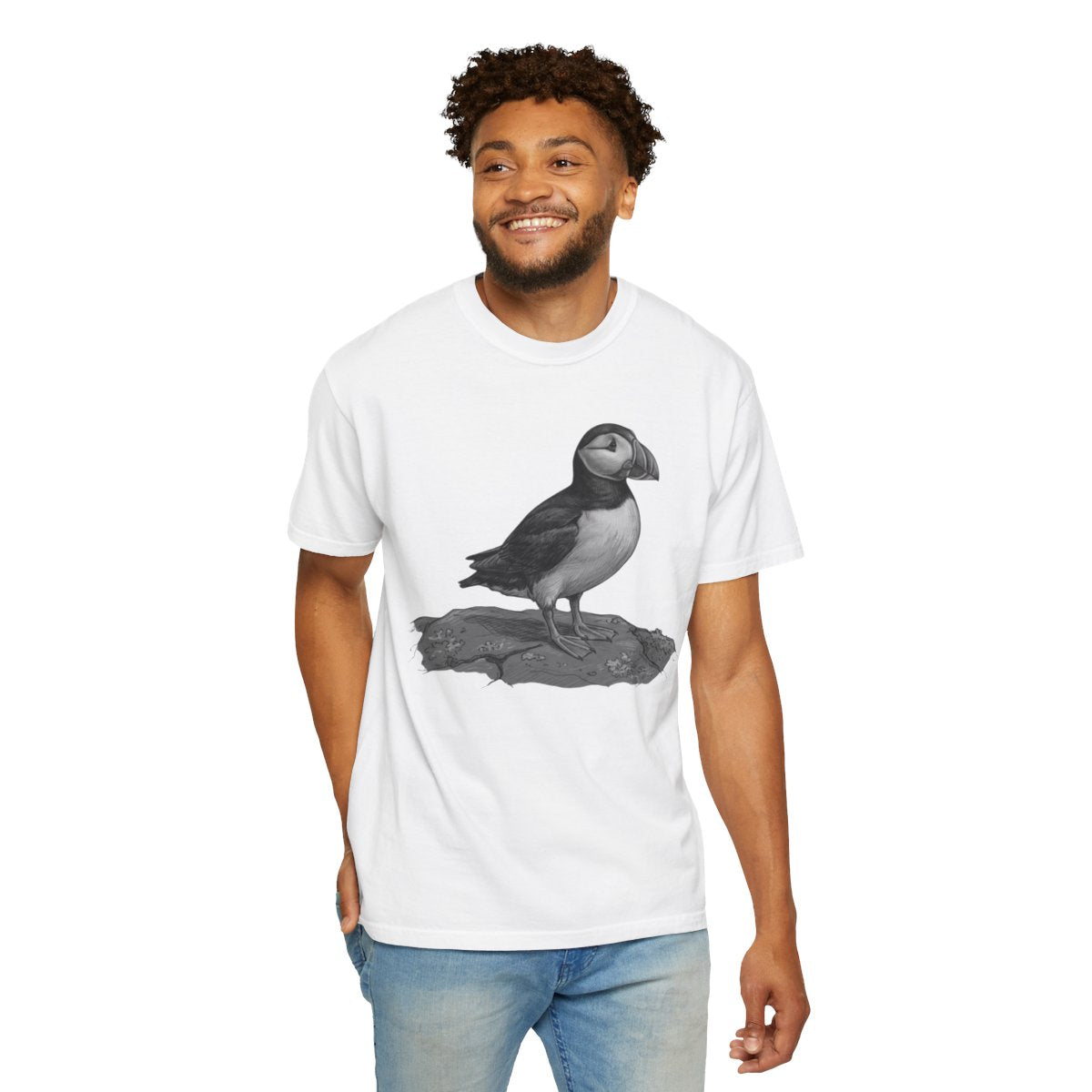 Color: White | Pencil Sketch Art Puffin Unisex Garment-Dyed Tee