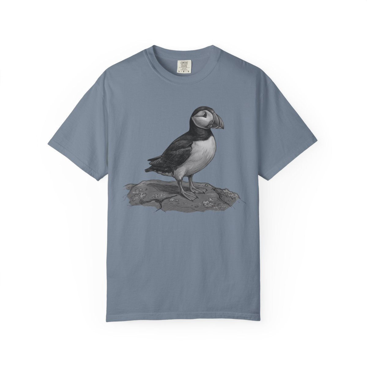 Color: Blue Jean | Pencil Sketch Art Puffin Unisex Garment-Dyed Tee