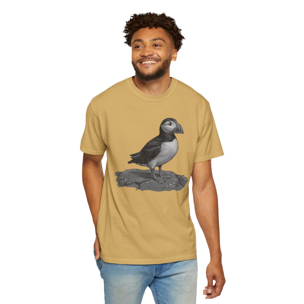 Color: Mustard | Pencil Sketch Art Puffin Unisex Garment-Dyed Tee