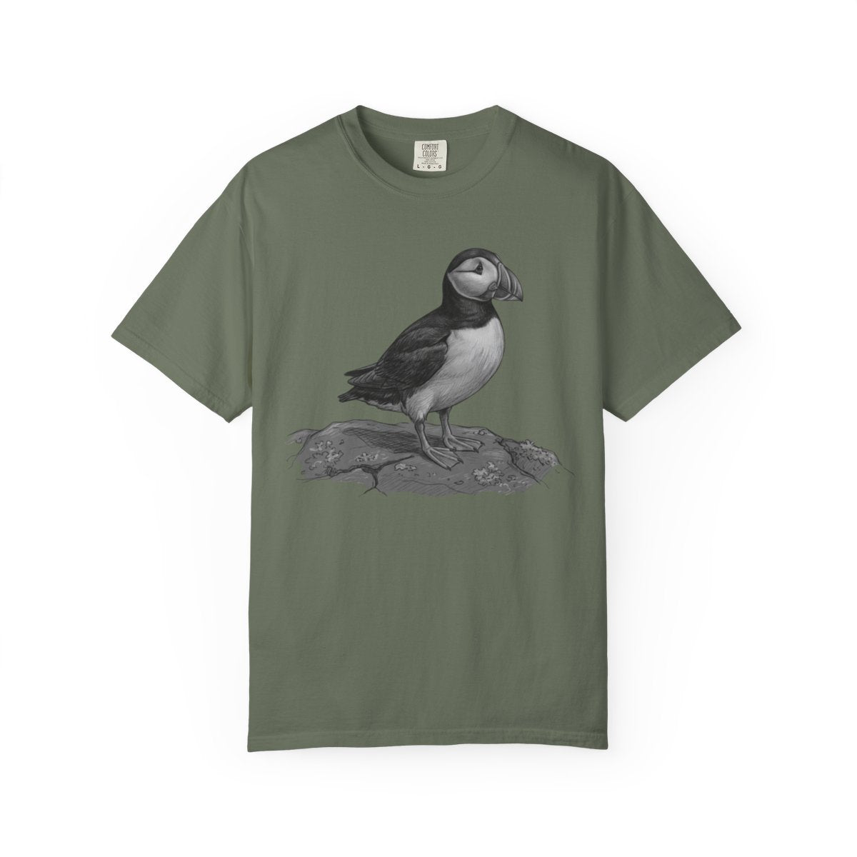 Color: Moss | Pencil Sketch Art Puffin Unisex Garment-Dyed Tee