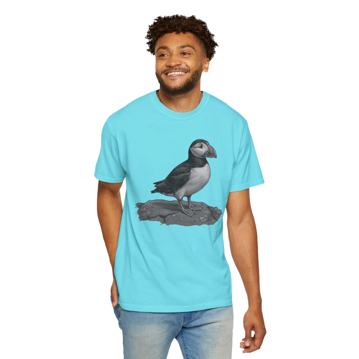 Color: Lagoon Blue | Pencil Sketch Art Puffin Unisex Garment-Dyed Tee