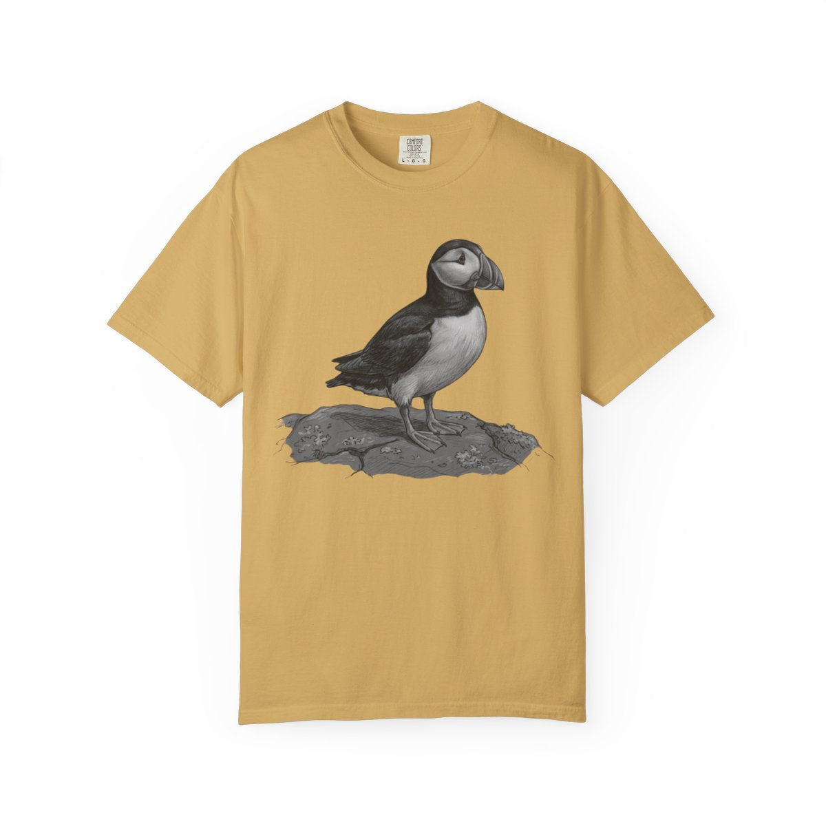 Color: Mustard | Pencil Sketch Art Puffin Unisex Garment-Dyed Tee