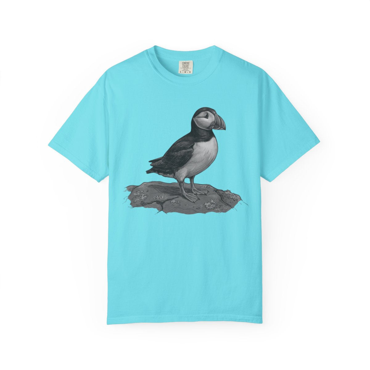 Color: Lagoon Blue | Pencil Sketch Art Puffin Unisex Garment-Dyed Tee