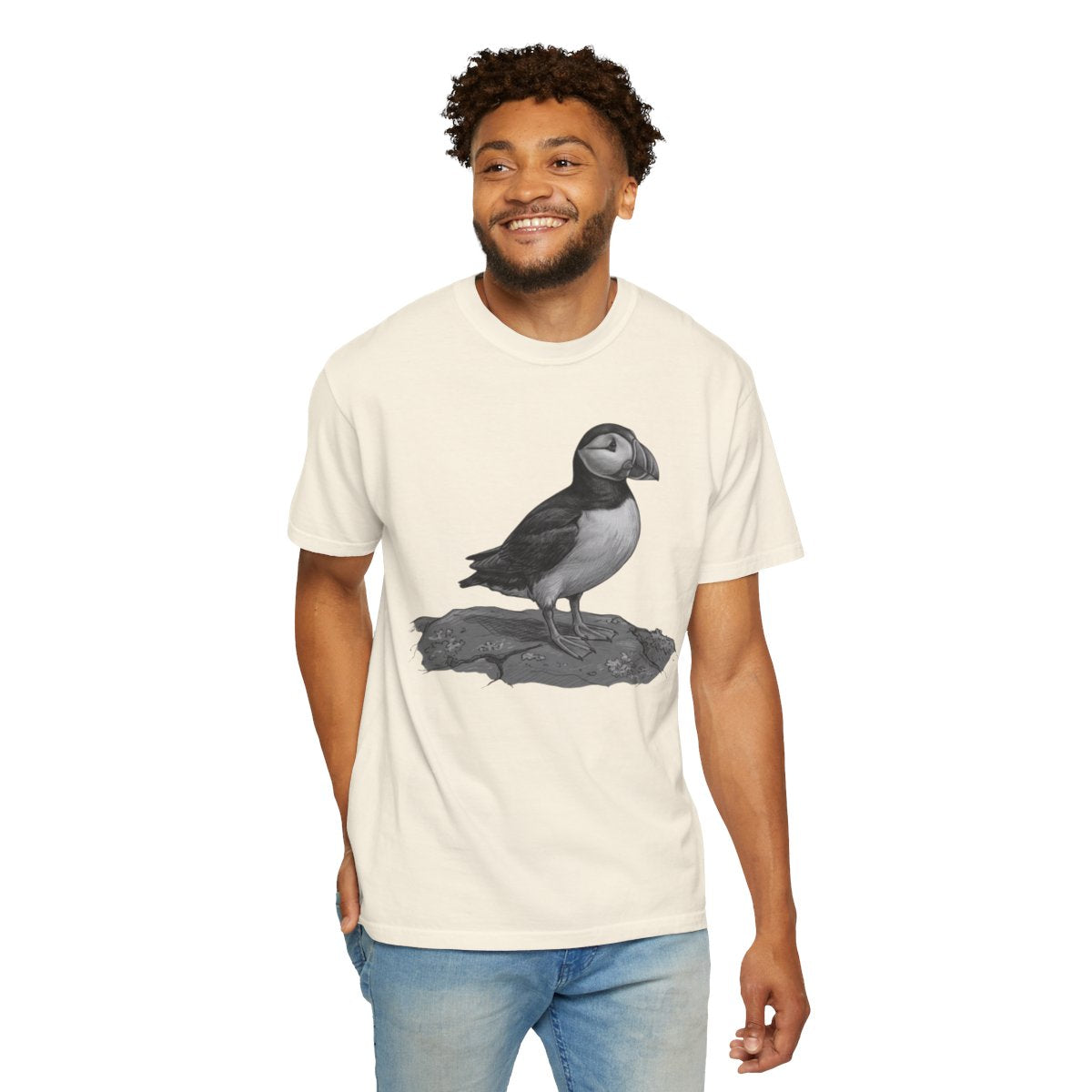 Color: Ivory | Pencil Sketch Art Puffin Unisex Garment-Dyed Tee