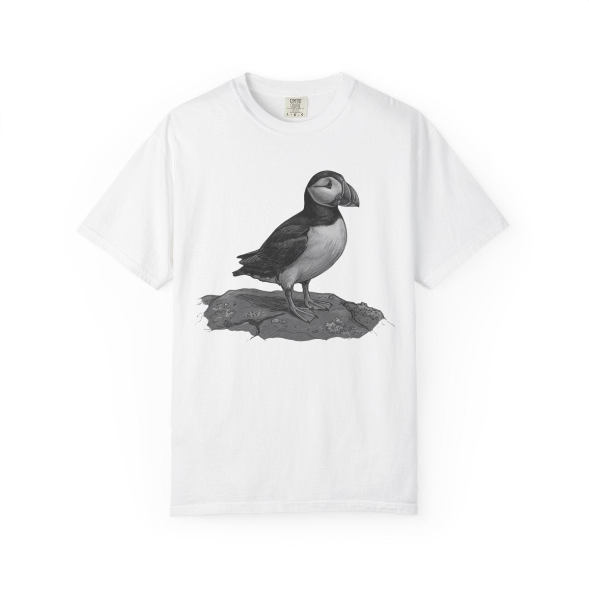 Color: White | Pencil Sketch Art Puffin Unisex Garment-Dyed Tee