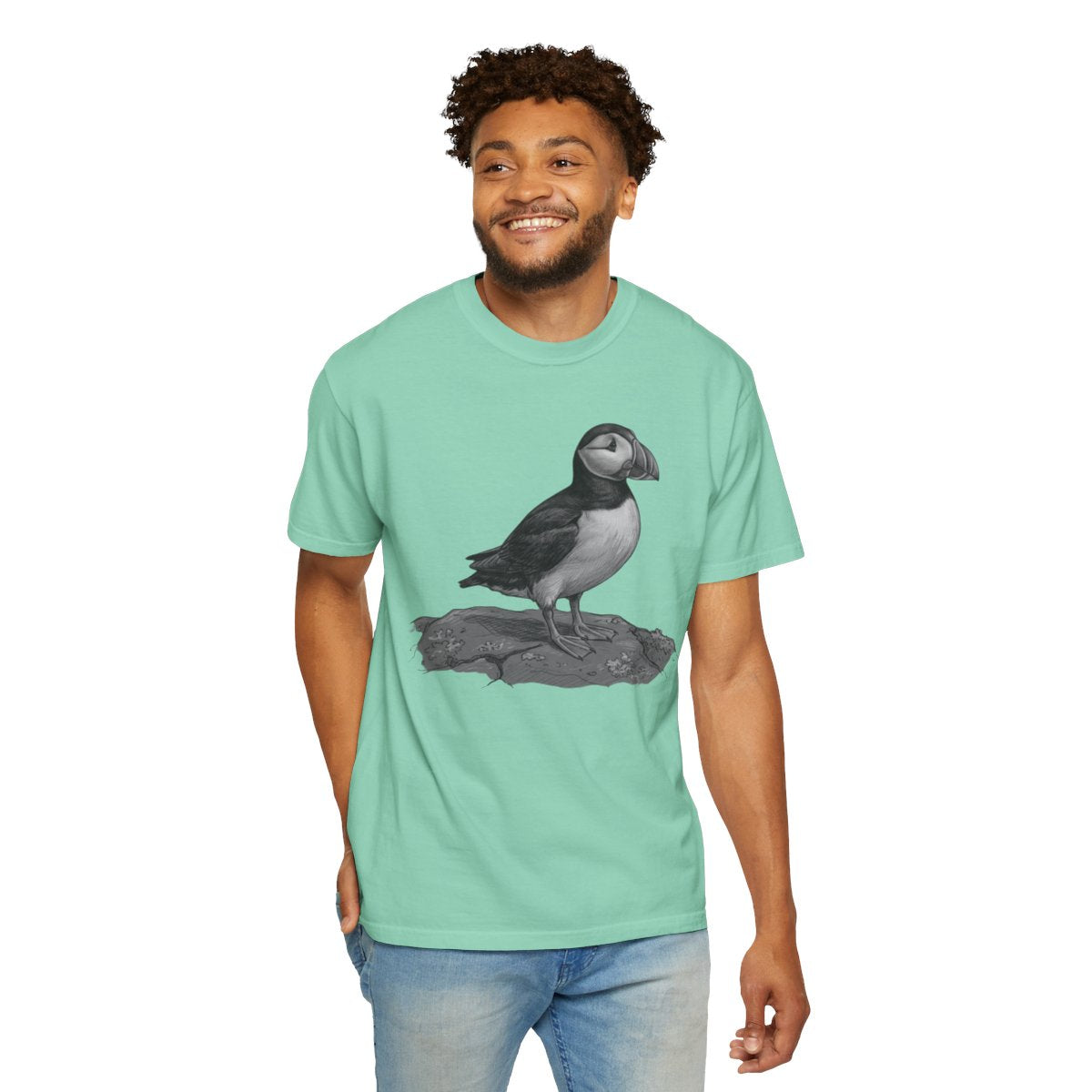 Color: Island Reef | Pencil Sketch Art Puffin Unisex Garment-Dyed Tee