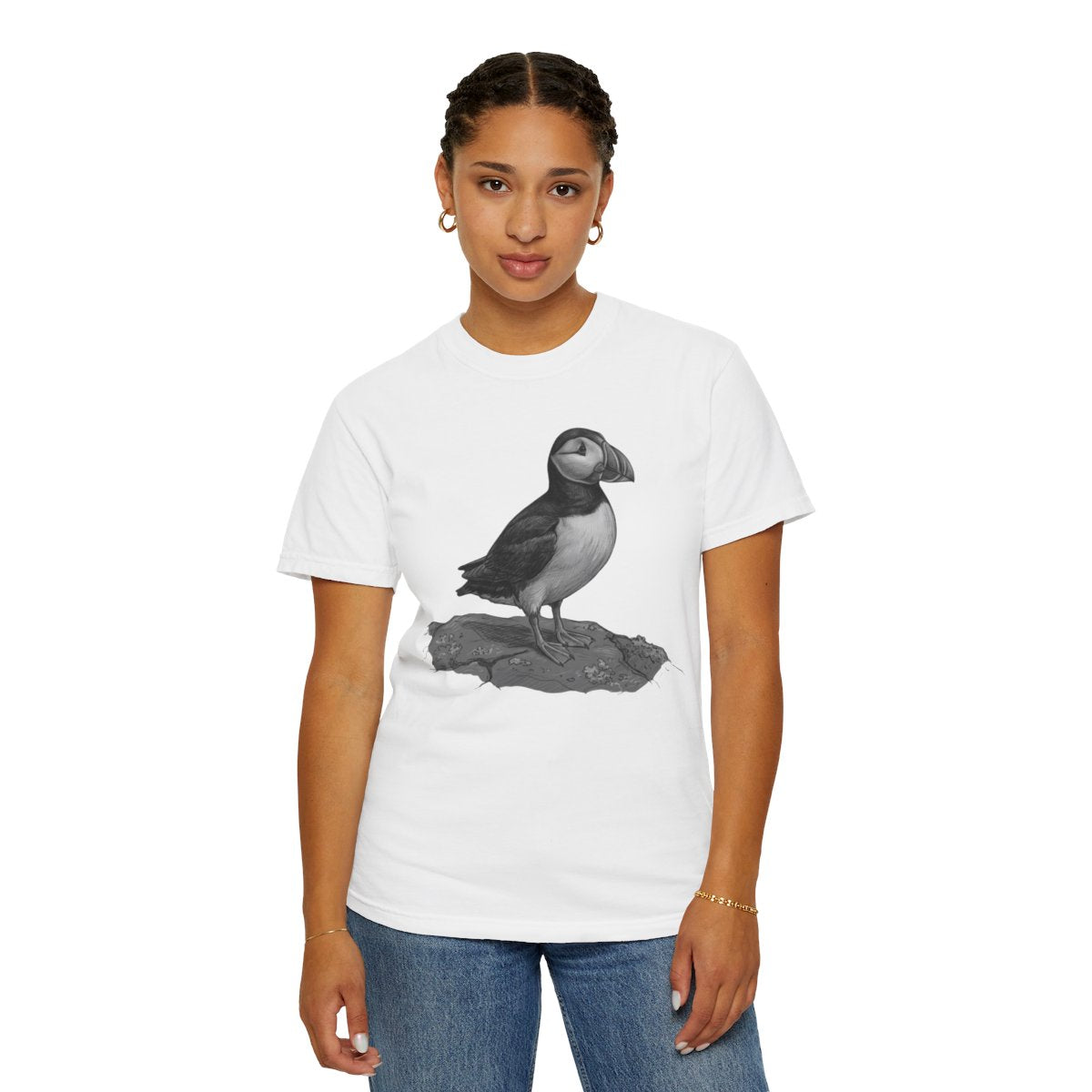 Color: White | Pencil Sketch Art Puffin Unisex Garment-Dyed Tee