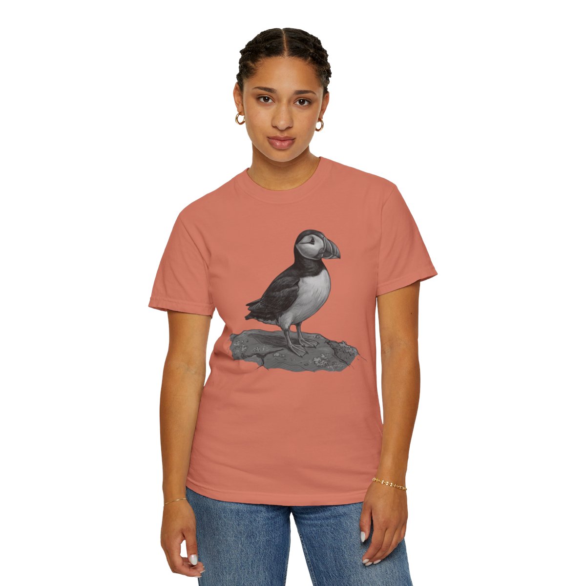 Color: Terracotta | Pencil Sketch Art Puffin Unisex Garment-Dyed Tee