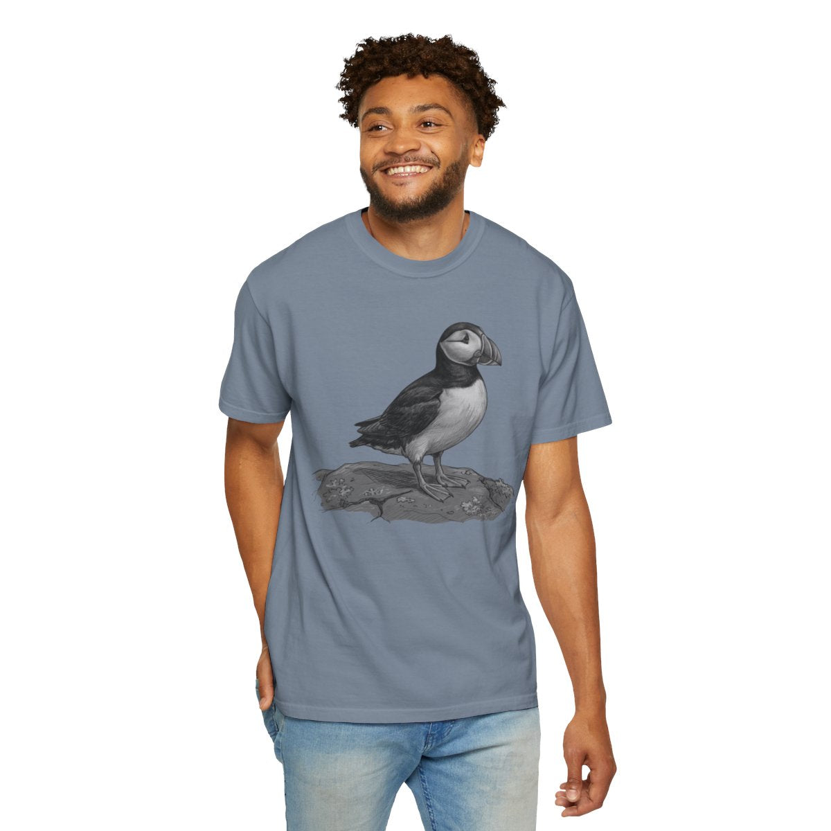 Color: Blue Jean | Pencil Sketch Art Puffin Unisex Garment-Dyed Tee