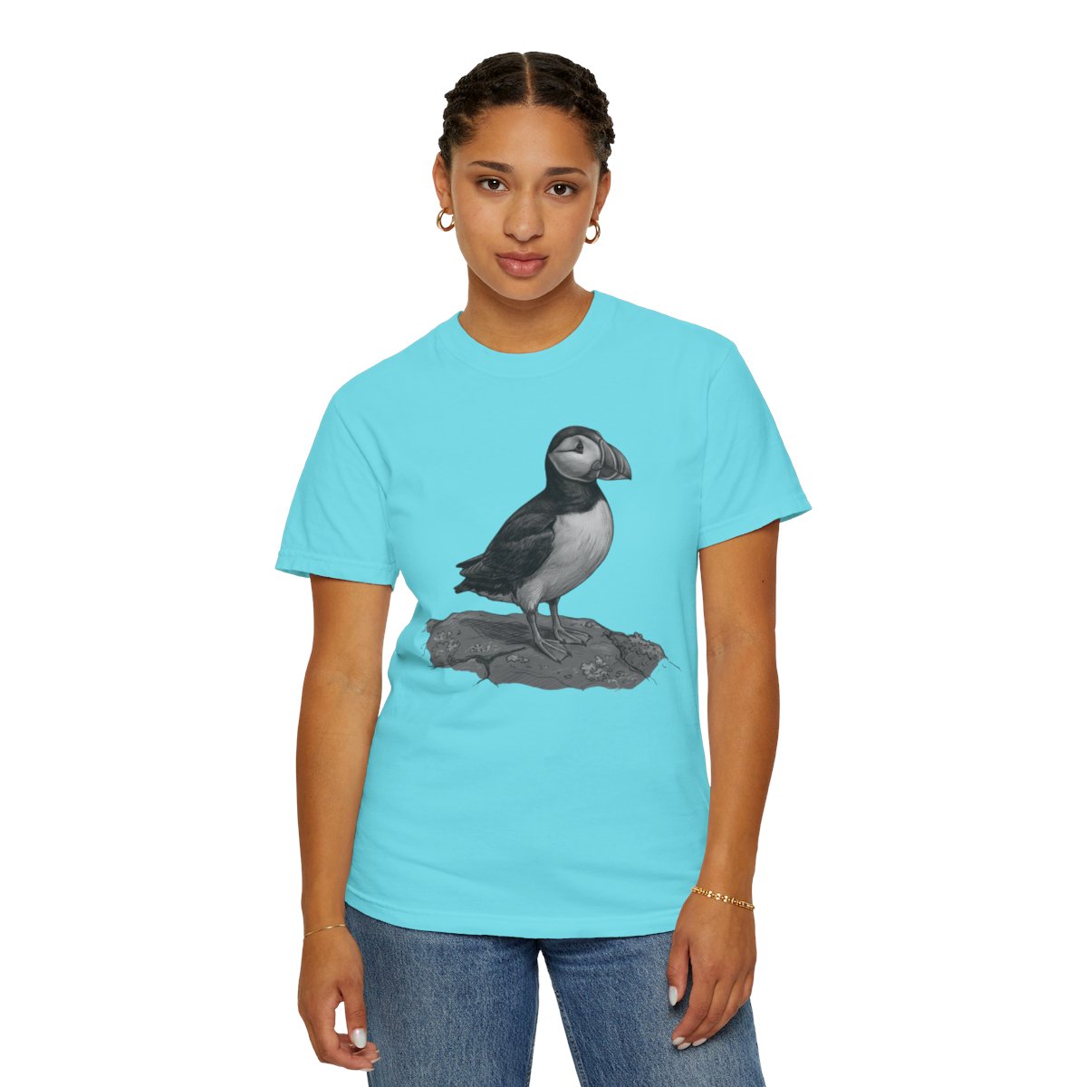Color: Lagoon Blue | Pencil Sketch Art Puffin Unisex Garment-Dyed Tee