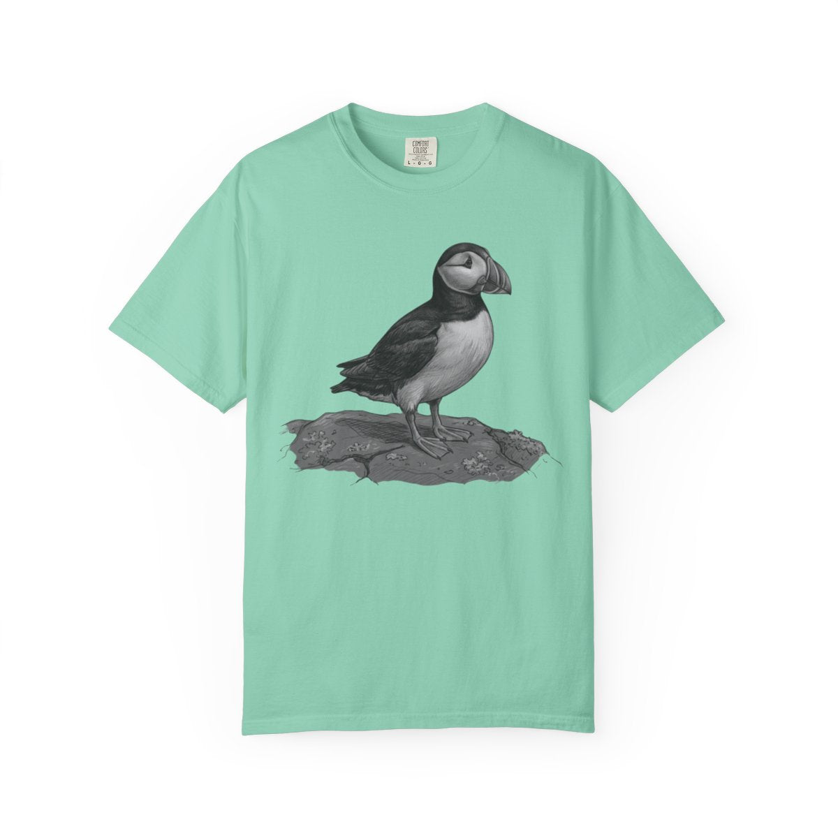 Color: Island Reef | Pencil Sketch Art Puffin Unisex Garment-Dyed Tee