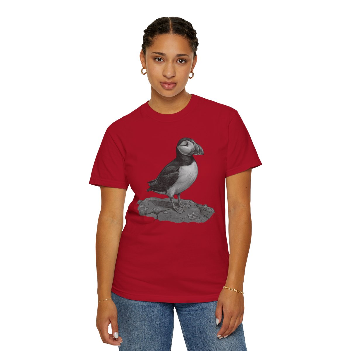 Color: Red | Pencil Sketch Art Puffin Unisex Garment-Dyed Tee