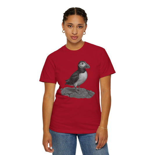 Color: Red | Pencil Sketch Art Puffin Unisex Garment-Dyed Tee