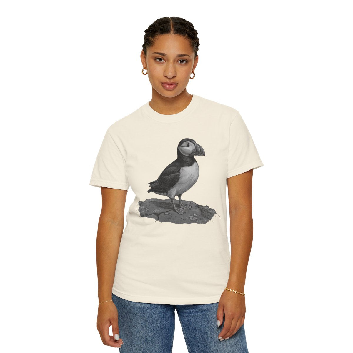 Color: Ivory | Pencil Sketch Art Puffin Unisex Garment-Dyed Tee