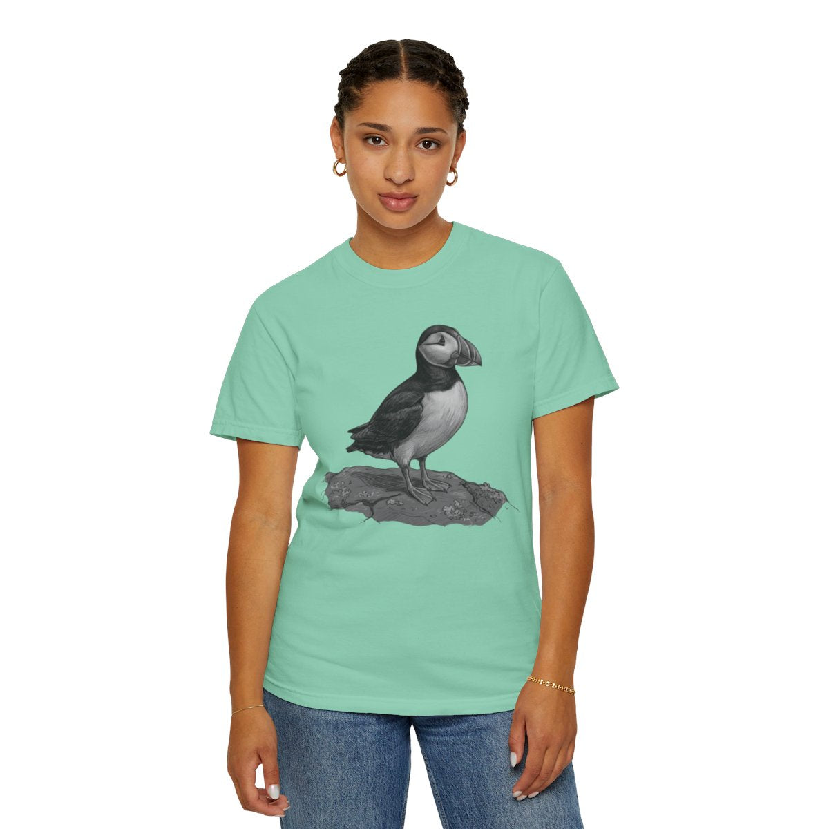 Color: Island Reef | Pencil Sketch Art Puffin Unisex Garment-Dyed Tee