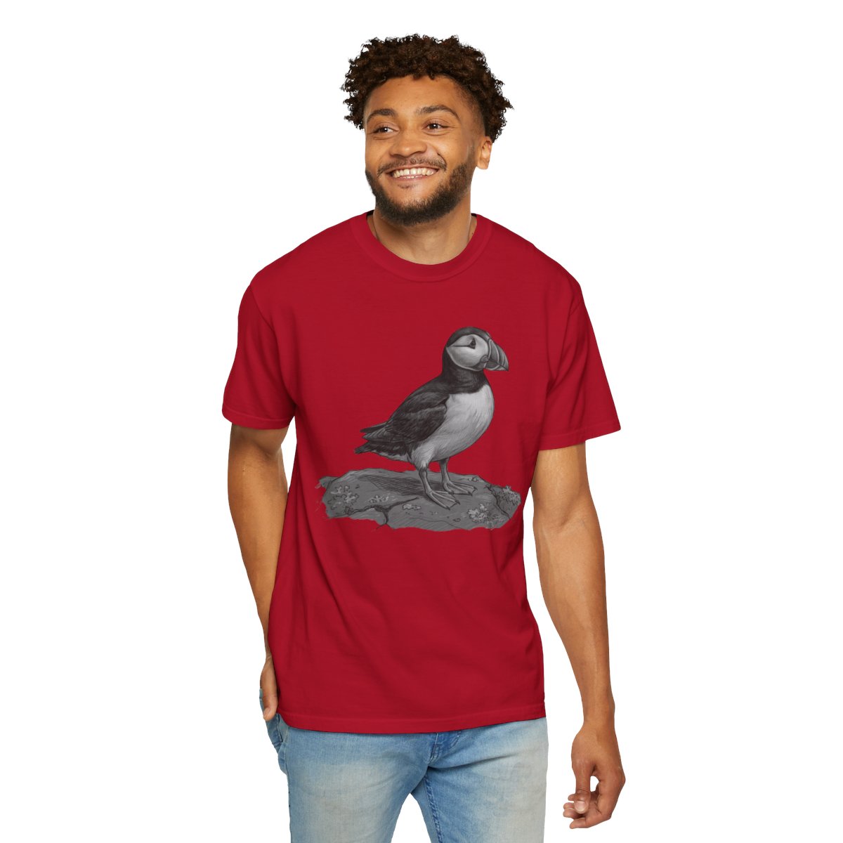 Color: Red | Pencil Sketch Art Puffin Unisex Garment-Dyed Tee