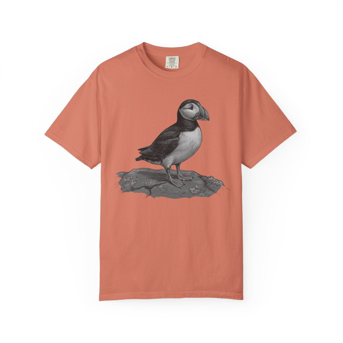 Color: Terracotta | Pencil Sketch Art Puffin Unisex Garment-Dyed Tee