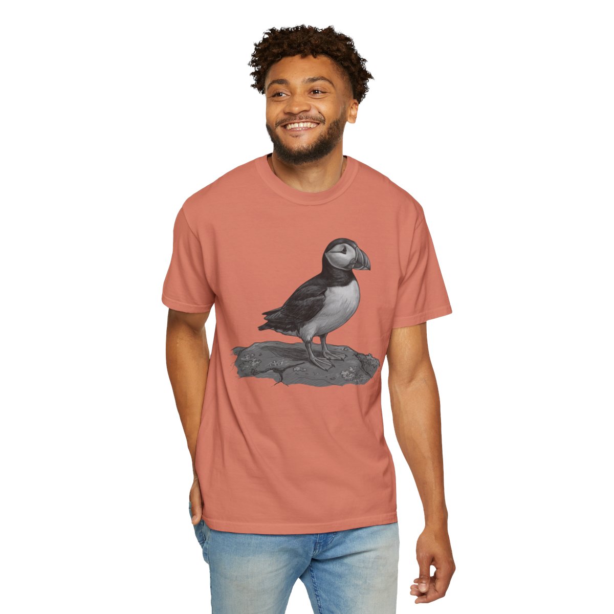 Color: Terracotta | Pencil Sketch Art Puffin Unisex Garment-Dyed Tee